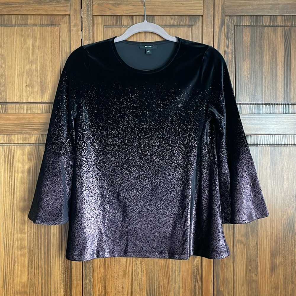 ALFANI Black Velour Top with Pink Sparkles and 3/4 Bell Sleeves NWOT
